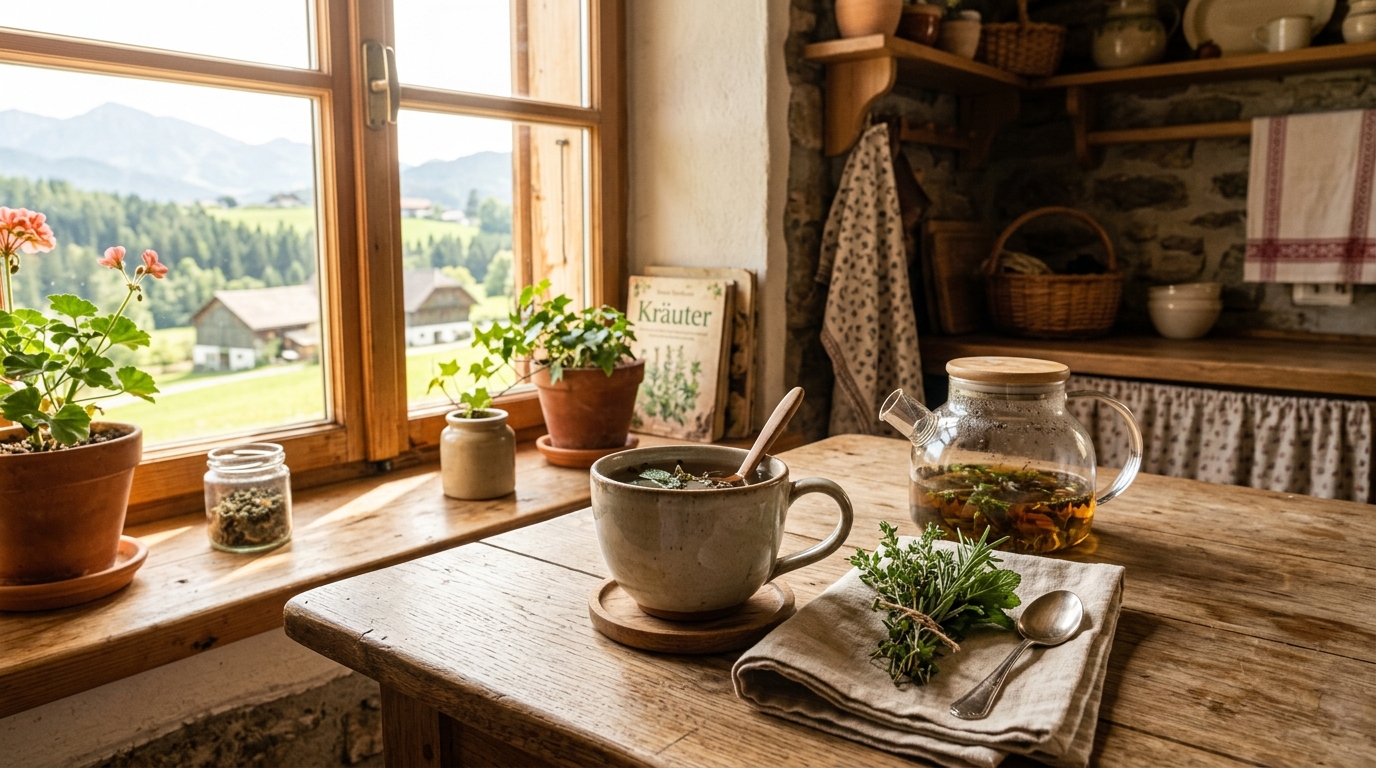 Warme Morgenstimmung mit Kräutertee auf einem Holztisch