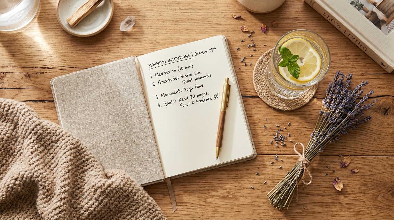 Flat-Lay einer Morgenroutine mit Notizbuch, Zitronenwasser und Lavendel